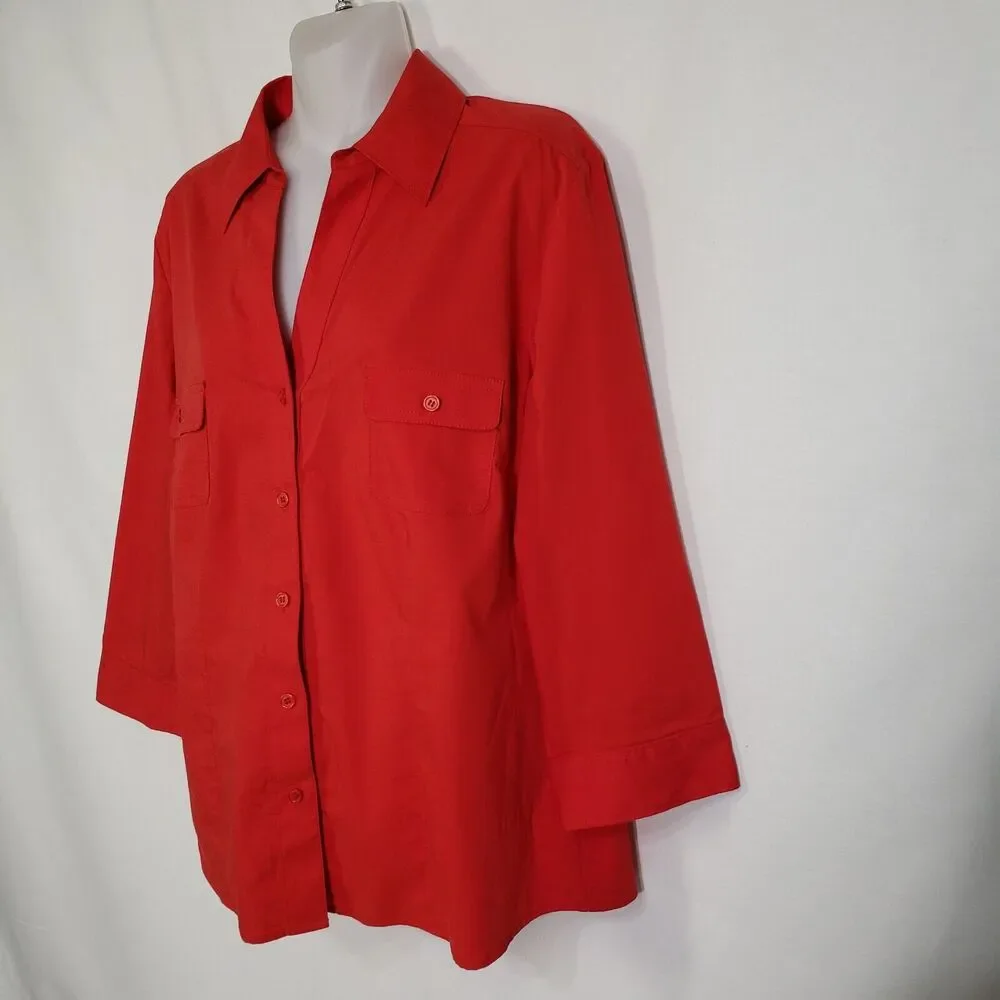 Chico's Womens Top Sz 1 Medium Red Stretch Button Front 3/4 Sleeve Flap Pockets